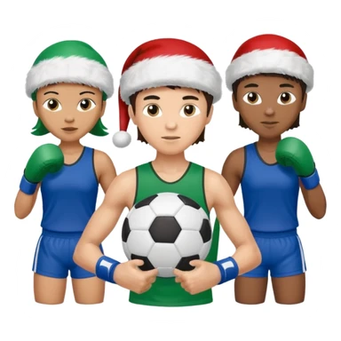 crie a imagem de 3 atletas de modalidades diferentes, usando elementos esportivos, como por exemplo bola de futebol, luvas de luta e bola de vôlei... e usando um chápeu de papai noel das cores verde e azul. sticker