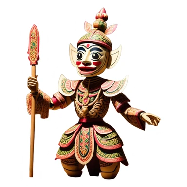 Golek Ayun-ayun – Cinematic Realistic Wayang Golek Ayun-ayun, depicted as an intricately carved traditional wooden puppet with vibrant painted details and expressive features, set on a dimly lit stage with dramatic shadows that evoke centuries of Indonesian theatrical heritage, rendered with lifelike textures and subtle ambient glow. sticker