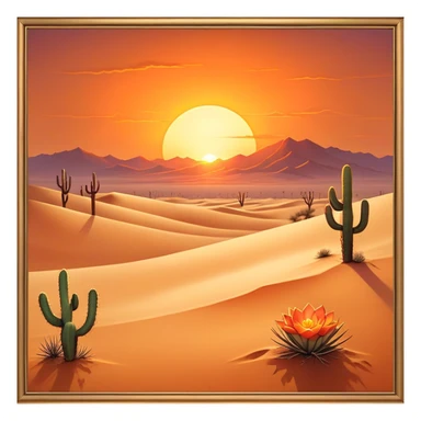 Cinematic Realistic Desert Emoji in a frame, Expansive and arid, with vast stretches of golden sand dunes and scattered cacti, the sun casting a warm, almost orange glow over the dry, cracked earth. The horizon blurs into a heat shimmer, while the occasional desert flower adds a splash of color to the barren landscape. Soft glowing outline, capturing the essence of the harsh yet stunning beauty of the desert, calm and quiet, filled with silence and mystery. sticker