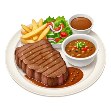 big juicy australian steak meal featuring chips, small salad in a ramikan and gravy in a small bowl on the plate sticker