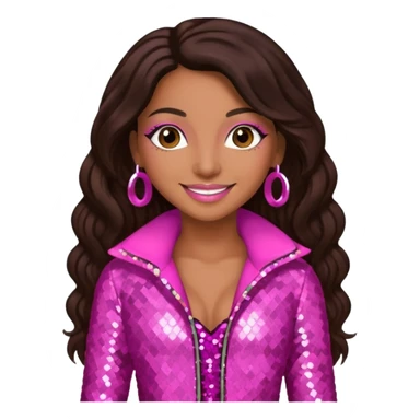Mya, R&B Singer with dark brown long hair, pink sequin outfit sticker