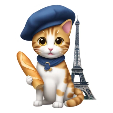 cat wearing beret holding baguette by eiffel tower sticker
