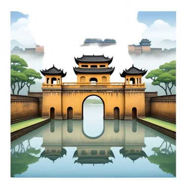 Cinematic Realistic Imperial City of Hue Landmark Emoji, capturing the ancient citadel’s weathered walls, intricate gates, and traditional Vietnamese architecture, surrounded by a misty, tranquil moat. sticker