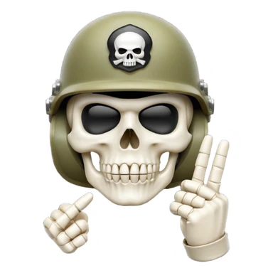 A bold emoji-style (bodyless) white skull wearing a realistic modern army helmet, making a shushing gesture (index finger bone held up to mouth area). Clean vector style,modern emoji aesthetic.The helmet has detailed realistic texture. sticker
