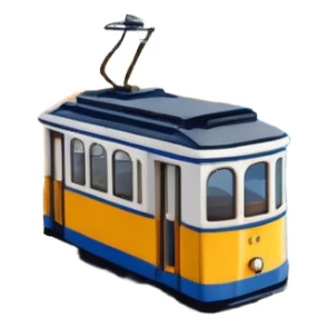 Emoji of a sunny coastal Portugal town with red-roofed white buildings, cobblestone streets, ocean cliffs, and a tiny yellow tram. Add blue sky, seagulls, and a hint of azulejo tiles sticker