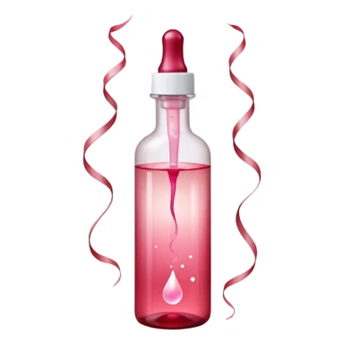 Translucent reddish-pink dropper bottle with white cap and minimal label, glowing softly. Floating in a faint red aura with swirling light ribbons and tiny peeling sparks lifting upward. by shimmer flakes, symbolizing cell renewal. Feels like a silky exfoliation elixir sealed in a potion vial  sticker