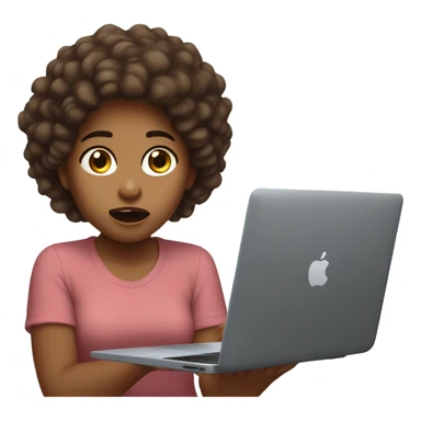 panicked girl with frizzy brown hair sitting down and holding a macbook laptop. sticker