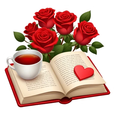 Icon for Romance Reading: an open book with a heart-shaped bookmark, surrounded by roses, a love letter, and a cup of tea. The icon should evoke the warmth, passion, and emotional depth of a love story. Transparent background sticker