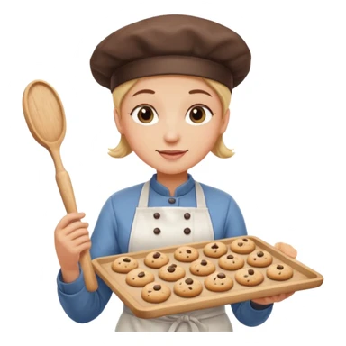a baker holding a tray of cookies with a rolling pin sticker