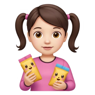 Cute small Toddler emoji with two pigtails dark brown hair, fair skin, in pink top, holding toddler snacks sticker