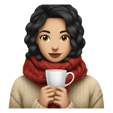 White girl black hair in a sweater and scarf sipping tea  sticker