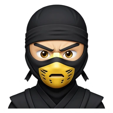 angry ninja face emoji, classic yellow emoji style, all black ninja mask, no mouth visible, scowling eyes, black ninja headband tie sticker