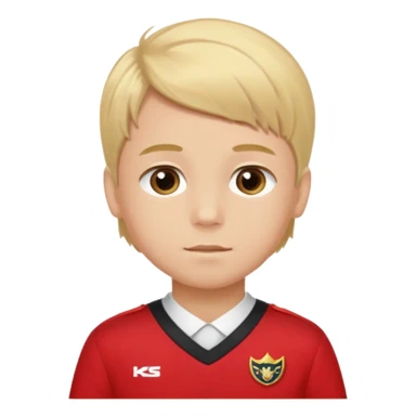 SARI SAÇLI SAÇININ YARISI SOLA DOĞRU DİĞERİNİN SAĞ TARAFTA AMA DÜZ DURAN KAHVERENGİ GÖZLÜ UZUN KİRPİKLİ BUĞDAY RENKLİ KIRMIZI ÜNİFORMALI BİR ERKEK ÇOCUK sticker