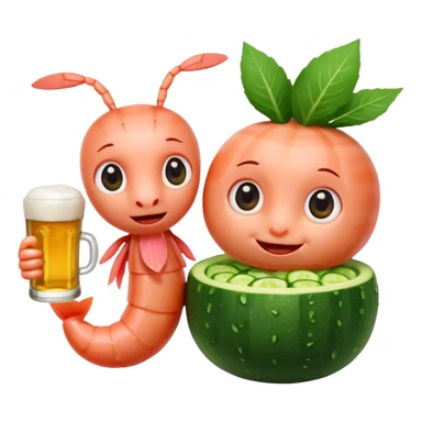 Emoji-style food mascots, NOT human.
Two cute shrimp characters, simple cartoon faces, big round eyes, small smiles.
One shrimp holding a beer mug with foam, the other holding an aguachile bowl with cucumber and chili.
Flat + soft 3D style, clean shapes, no human facial details, no realistic skin.

 sticker