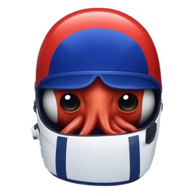 Red octopus with royal blue racing helmet with a white thick stripe vertically in the middle accross the helmet and navy blue visor sticker