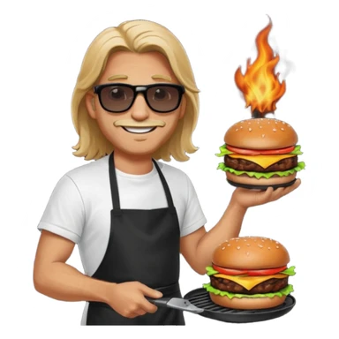 long hair man grilling wearing shade smiling in a white tshirt and a black apron grilling burger and meat on a sizzling grill sticker
