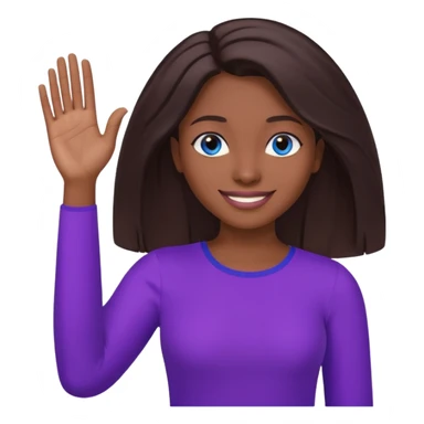 Dark brown hai woman with shoulder-length hair, blue eyes, wearing a purple top, smiling with one hand raised to the side, palm facing up. The gesture looks like she’s presenting something, offering help, or saying “Here you go!”

 sticker