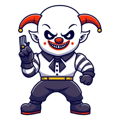 full-body muscular demonic clown in a black and white leisure suit with bellbottom pants, bald, with black ram horns, flashy black and white belt, ruffled white shirt, no neck tie, large fangs, holding a very large futuristic rifle sticker