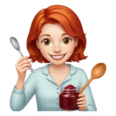 redhead woman with big smile taking some jam with a spoon from glass jar sticker