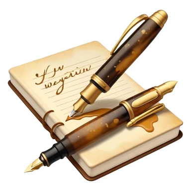 Create a vibrant emoji representing prose writing. The design should include a classic fountain pen or quill, an open notebook or a typewriter, with flowing text emerging from it. Use warm, earthy tones like brown, gold, and cream, along with subtle ink splatters to add a creative and artistic touch. The emoji should convey the idea of storytelling, creativity, and literary elegance. Make the background transparent. sticker