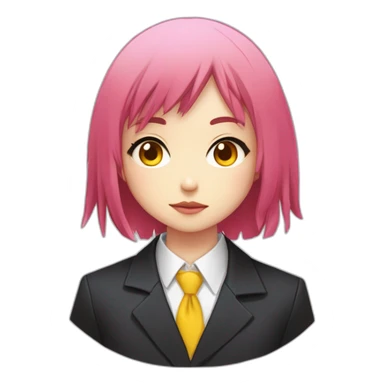 (gril) makima from the manga chainsawman with pink/red hair fringe, yellow eyes with a circle inside and a white shirt with a tie and a black straight coat sticker