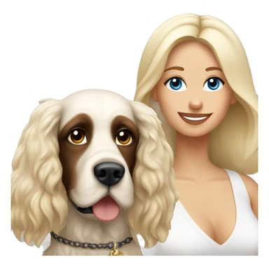 Russian woman with long dark brown hair in a white singlet sits with blonde cocker spaniel sticker