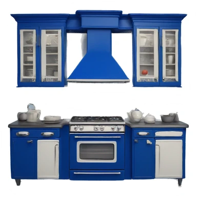 Isolated full length Realistic royal blue vintage retro kitchen range with cabinets and counters. sticker