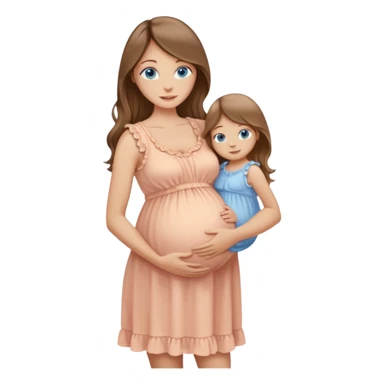 Beautiful Woman with Blue eyes, and long flowing almond brown hair and a light peachy tan skin tone, standing in a relaxed pose holding her baby bump with a visible baby bump in frilly buttercream colored babydoll sundress  sticker