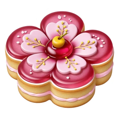 Realistic shortbread cookie in the shape of a cherry blossom with pale pink color jelly middle filling and sprinkled powder sugar on top. sticker