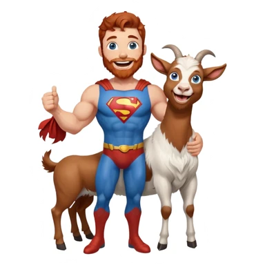 Full body Adult Superman Blue Eyes Scruffy Redish hair and redish trimmed Beard Muscle happy holding a happy laughing blue goat  sticker