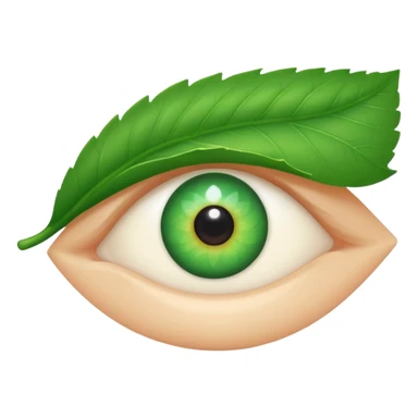 A minimalist, slightly winking eye emoji with a vibrant green leaf serving as the upper eyelid, and a tiny, sparkling white glow in the pupil. Clean, vector style. Transparent background. For a YouTube channel focused on senior health. sticker