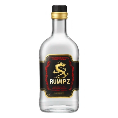 clear bottle of rumpleminze clear alcohol with a label that black with red border and font that has a small gold dragon on the label that says “RUMPZ” sticker