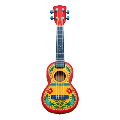 Create a vibrant and artistic emoji representing a ukulele with a Mexican design. The ukulele should feature a bright, colorful body with traditional Mexican patterns, such as geometric shapes, floral motifs, or colorful stripes. Use rich, warm tones like red, yellow, green, and blue to give the instrument a lively, festive look. Highlight the wood grain of the ukulele’s neck and fingerboard, and add subtle details like decorative inlays or a small Mexican flag symbol on the body. The strings should be clearly visible, and the instrument should be in a slightly angled position to showcase its unique design. The background should be transparent. sticker