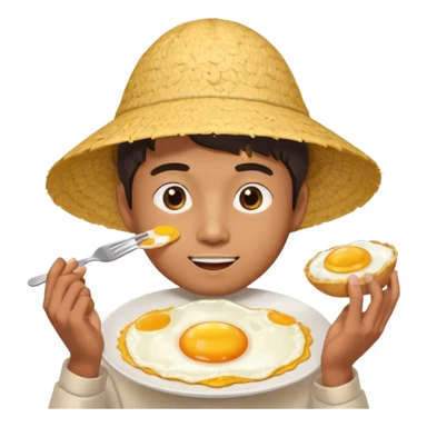 Asian guy with a rice hat eating an egg sticker