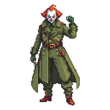 evil clown soldier, bald, small black horns on forehead, fangs, pointed ears, eye patch over one eye, long coat over black and military green clothes with bellbottom pants, tail, holding a whip, no knife, realistically proportioned, less bulky, full body, fighting stance sticker