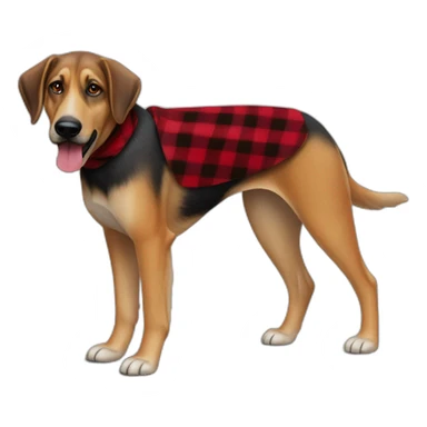 adult 75% Coonhound 25% German Shepherd mix dog with visible tail wearing small pointed red buffalo plaid bandana full body walking left quickly sticker