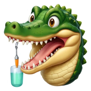 an alligator opening its mouth with a dentist sticker