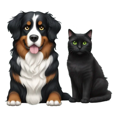 Bernese mountain dog sitting next to a long haired black cat with green eyes sticker