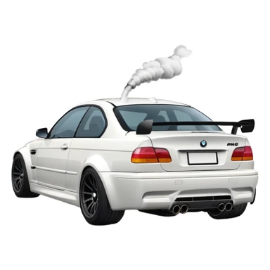 
A white BMW M3 E46 is shown drifting through a corner from a rear-view angle, with a slight wisp of smoke rising from the back and the wheels positioned at a certain angle relative to the turn. sticker