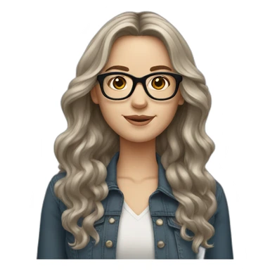 White girl with long wavy dark brown hair wearing square specs sticker