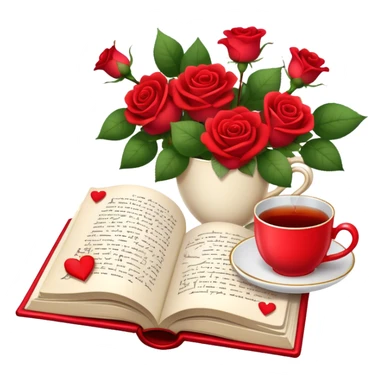 Icon for Romance Reading: an open book with a heart-shaped bookmark, surrounded by roses, a love letter, and a cup of tea, with small hearts and Cupid with bow and arrows flying out of the pages. Transparent background. sticker