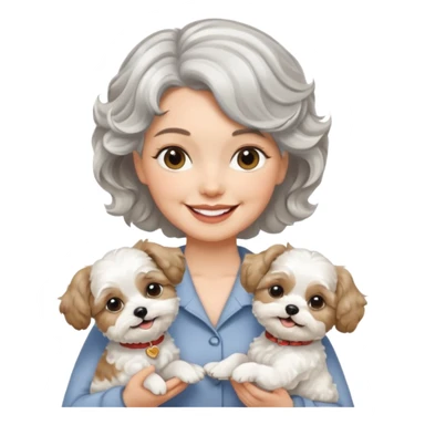 silver, short, wavy-haired with loose curls, smiling pretty lady holding a white terrier and a white/tan shih tzu dog sticker