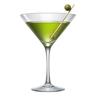 empty martini glass with just a hint of colorless liquid, showing mostly glass with very minimal liquid representation, single green olive on toothpick sticker