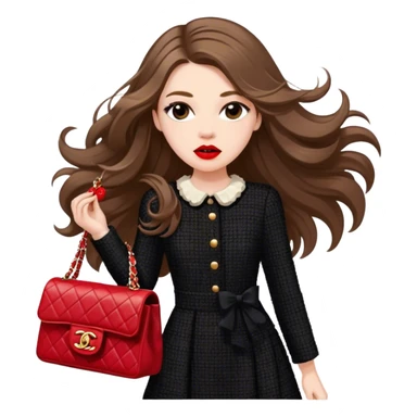 White girl with brown long hair dressed up in black chanel tweed dress with a red chanel bag and red lipstick. Close up shot with wind blowing her hair looking fancy sticker