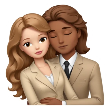 White Barbie girl Chestnut long wavy hair sleeping with In beige clothes, Hugs a man with brown hair, brown eyes and a black suit sticker