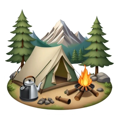 Icon for Hiking: a tent, and a kettle over a campfire, surrounded by trees and a mountain trail, a backpack, a walking stick. The icon should capture the adventure and warmth of camping. Transparent background. sticker