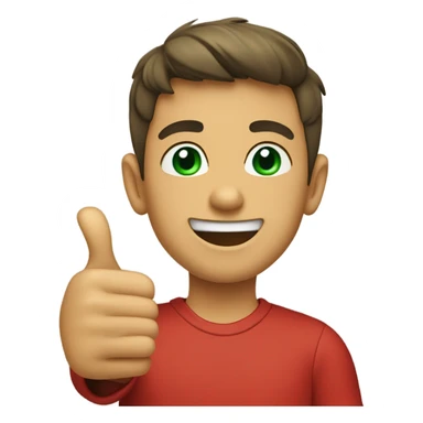 smiling boy in red shirt with thumbs up and green eyes sticker