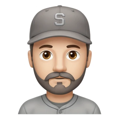 white male with dark brown goatee beard and moustache with grey tones wearing a grey baseball cap back to front with hazel eyes sticker