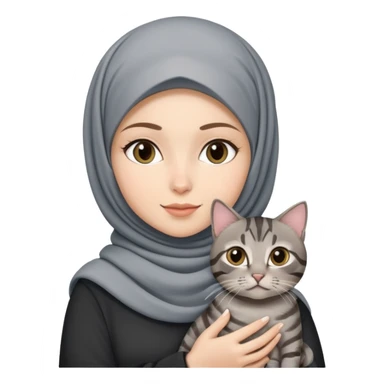 White girl wearing hijab holding a black grey tabby cat sticker