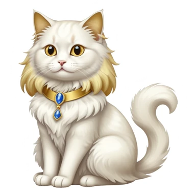 Fancy white fluffy long-haired sophisticated elegant sitting pet cat with a gold-sapphire collar (full body)  sticker